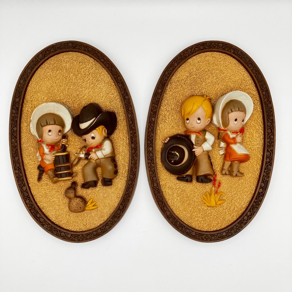 Homco Burwood Western Cowboy Cowgirl Wall Plaques Set 2 1981 Vintage Brown